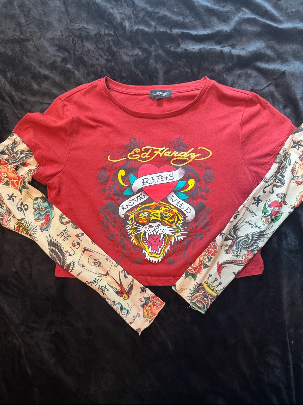 Ed Hardy Red Long Sleeve Top with Tattoo-Print Contrast Sleeves